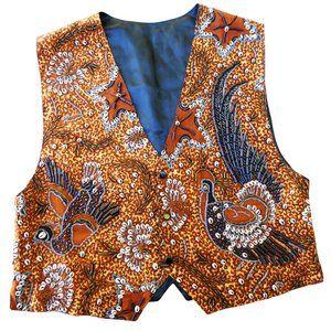 Vintage 90s Beaded Shell Vest Birds Peacock Brown Cotton Black Satin Back